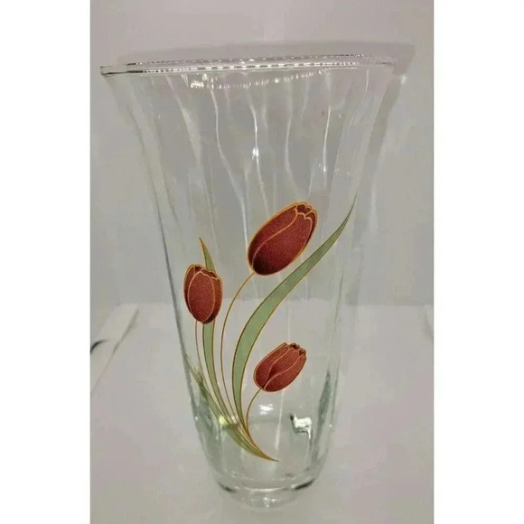 Vintage Floral Swirled Glass Tulip Floral Flower Vase Red Green - Picture 2 of 6